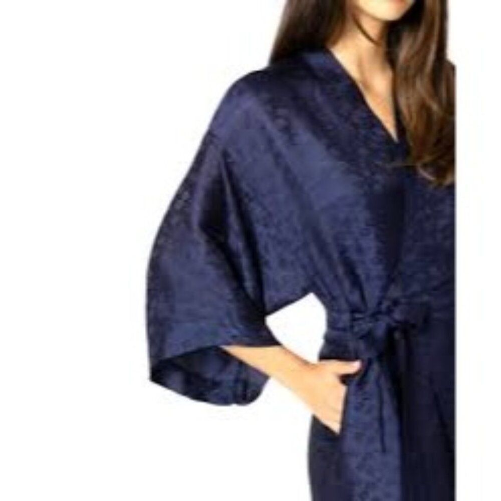 Oriental Silk Kimono Navy Blue Floral Print Women's Robe S/L